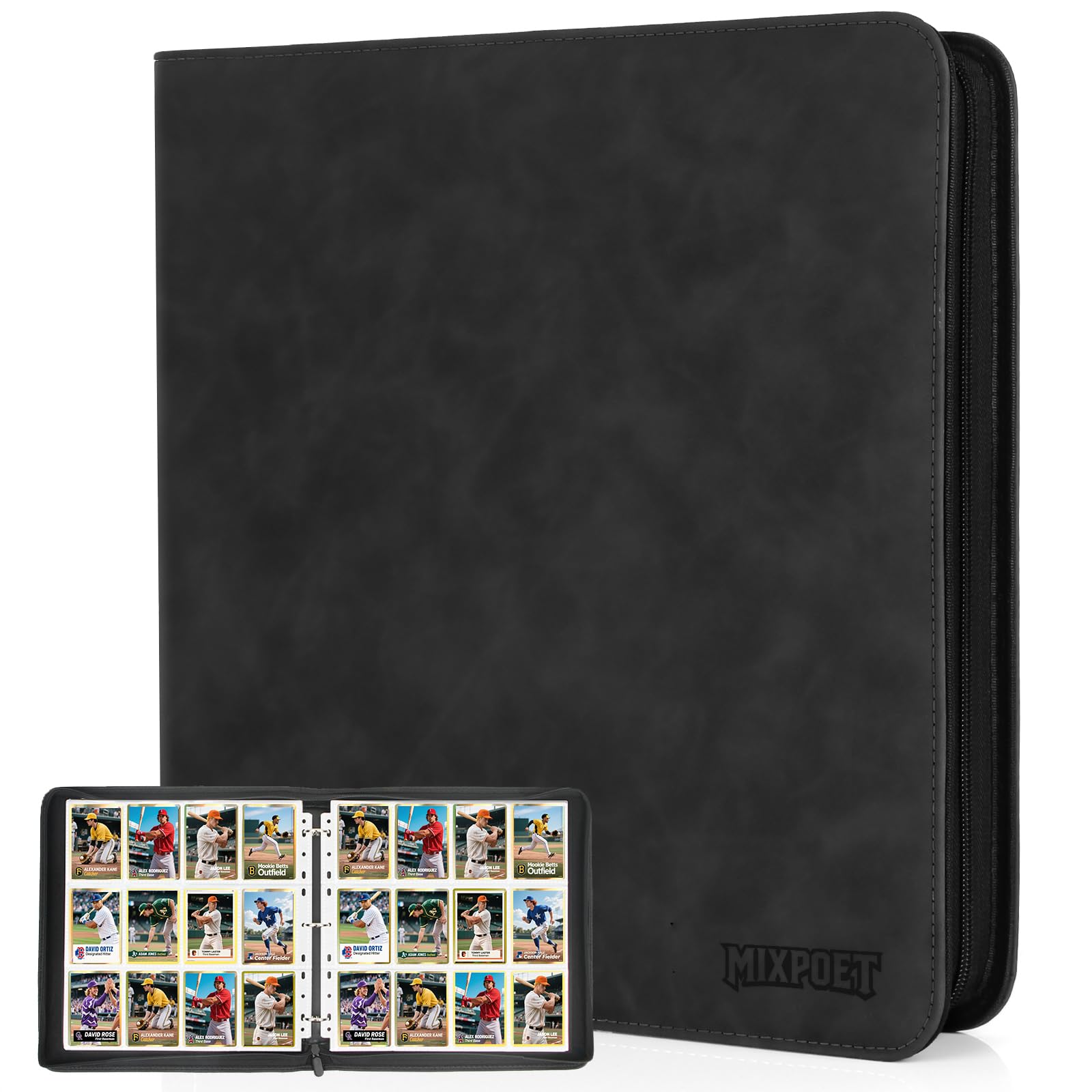 MIXPOET 12-Pocket Trading Card Binder – Holds 960 Cards, Black PU Leather, Zipper Closure