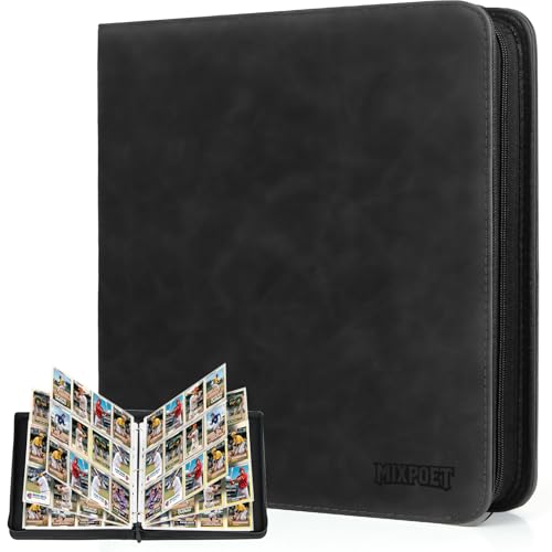 MIXPOET 12-Pocket Trading Card Binder – Holds 960 Cards, Black PU Leather, Zipper Closure