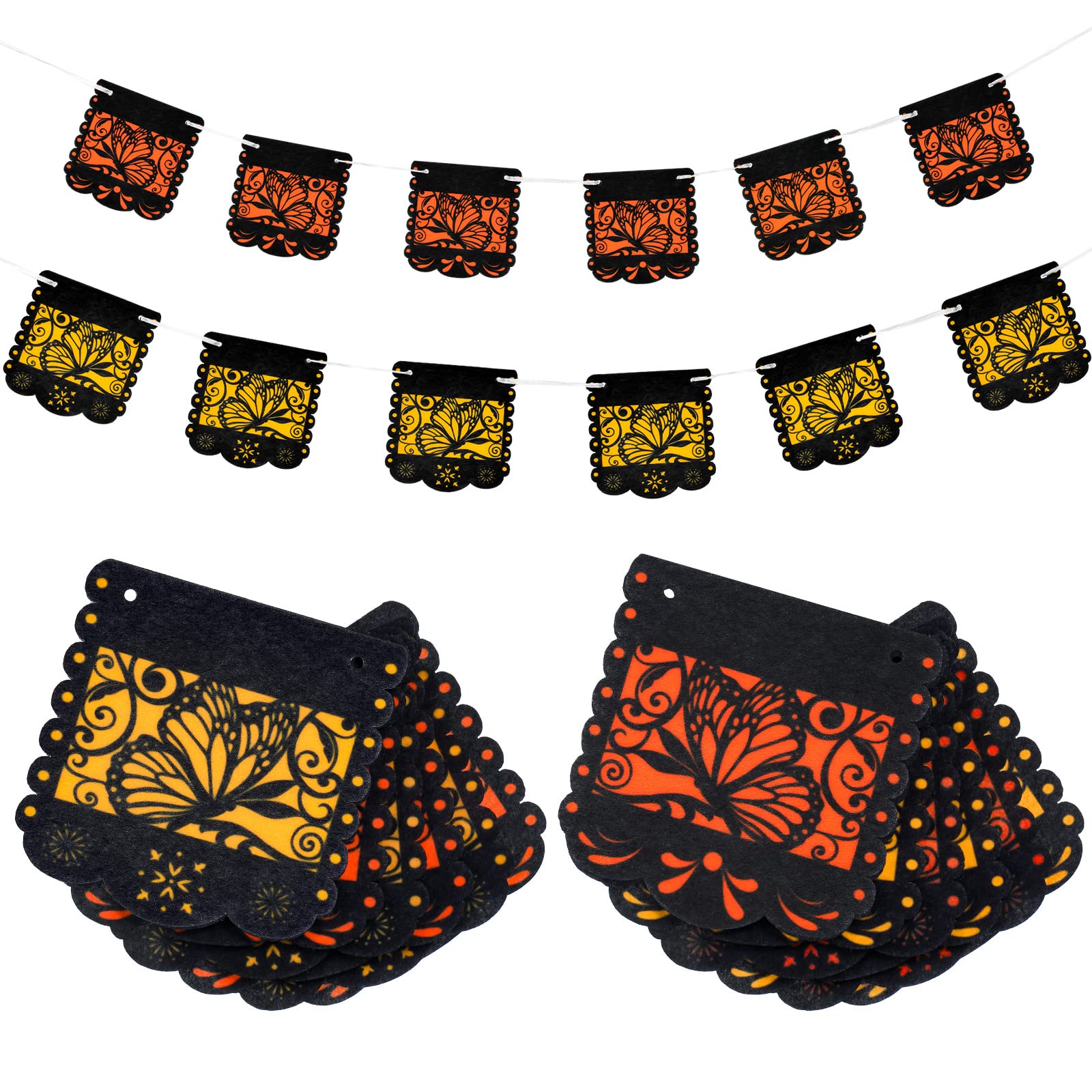 Mixweer Small Dia de los Muertos Monarch Butterfly Banner - 2 Pack, Orange and Yellow, 12 Pieces