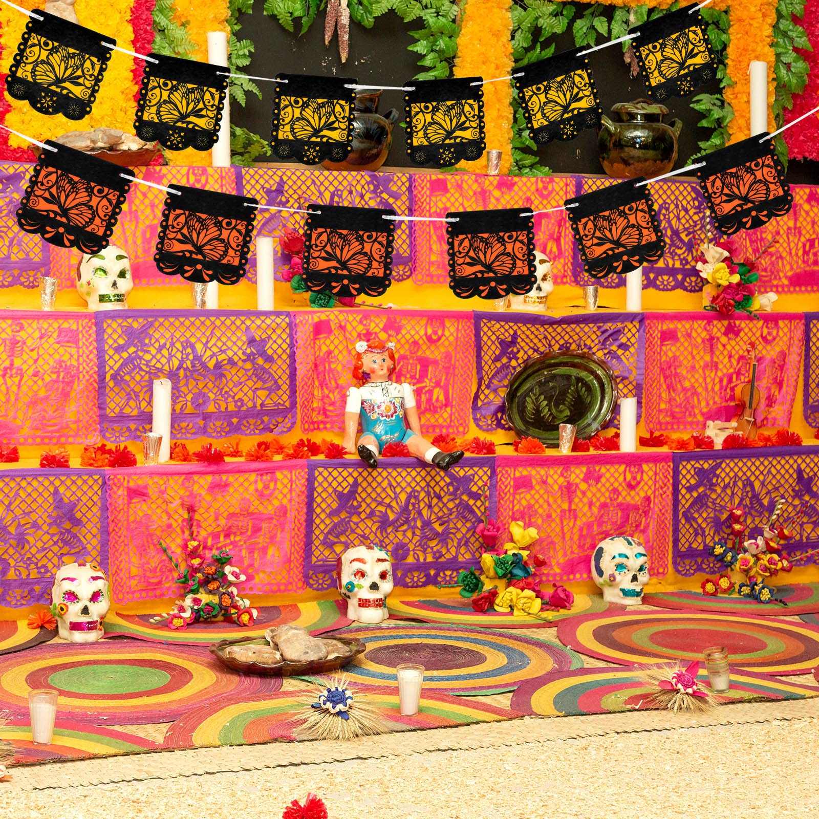 Mixweer Small Dia de los Muertos Monarch Butterfly Banner - 2 Pack, Orange and Yellow, 12 Pieces