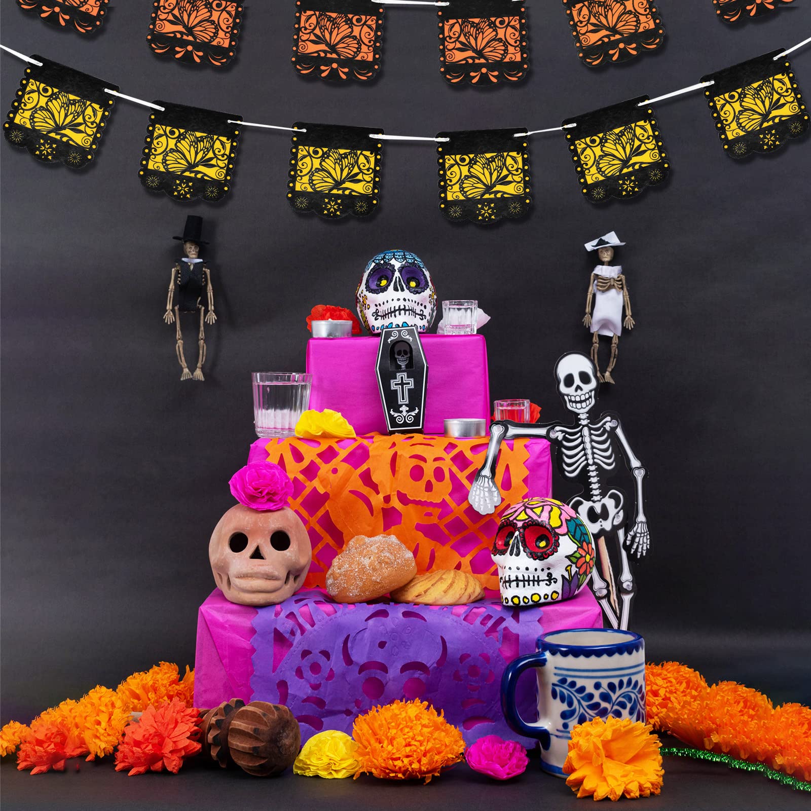 Mixweer Small Dia de los Muertos Monarch Butterfly Banner - 2 Pack, Orange and Yellow, 12 Pieces