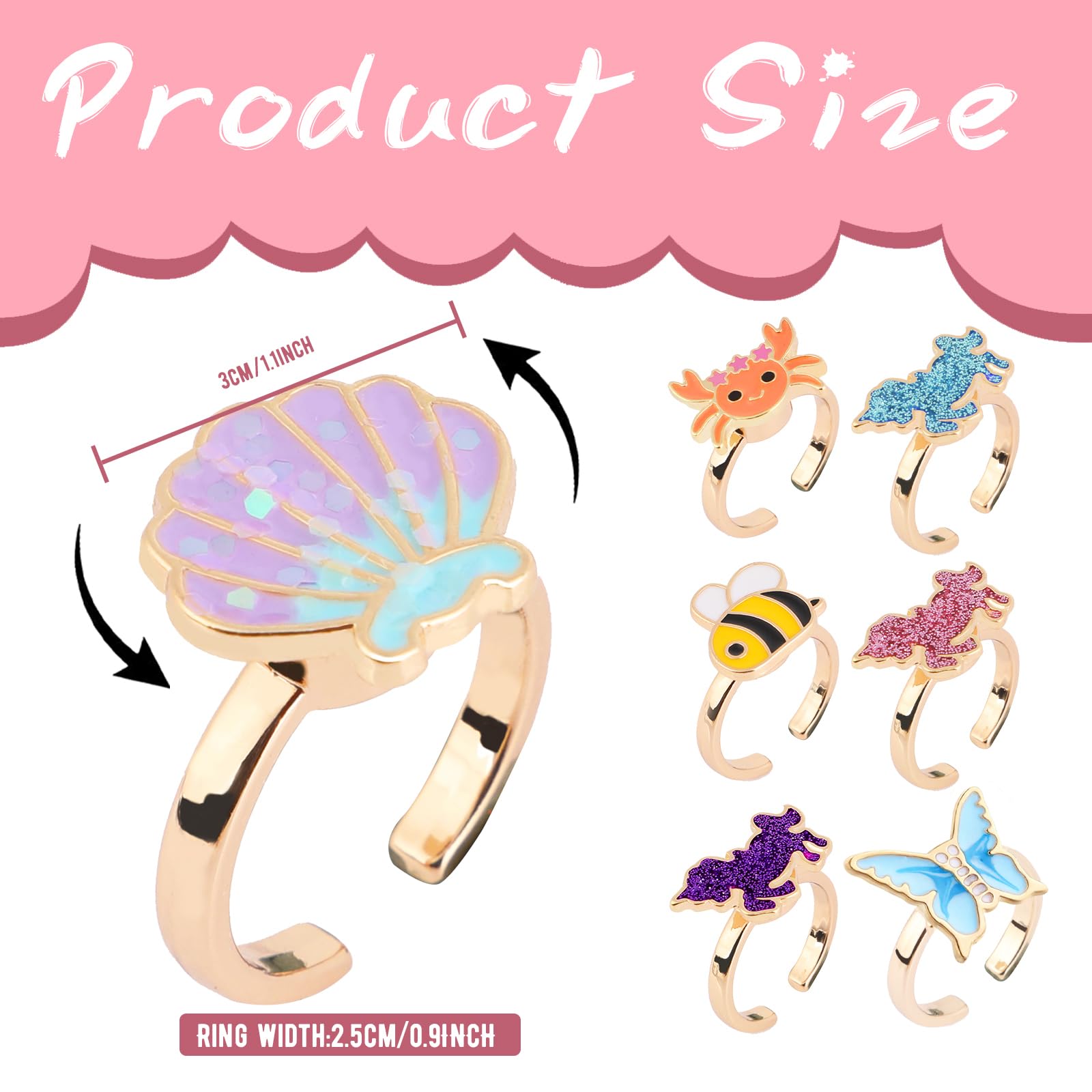 MJartoria 7-Piece Fidget Ring Set – Stainless Steel Spinner Rings for Stress Relief (Butterfly, Unicorn, Shell, Flower Designs)