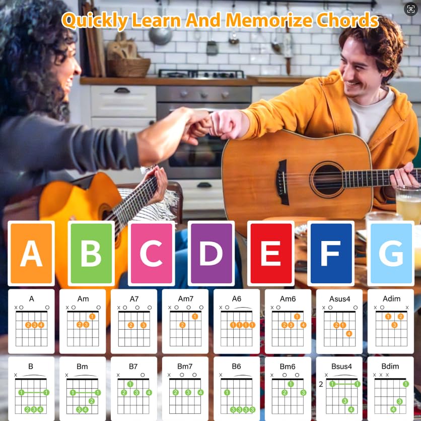 MLEJIAKJ 56-Piece Guitar Chord Flashcards with Chord Chart Poster – Color-Coded Learning for Beginners