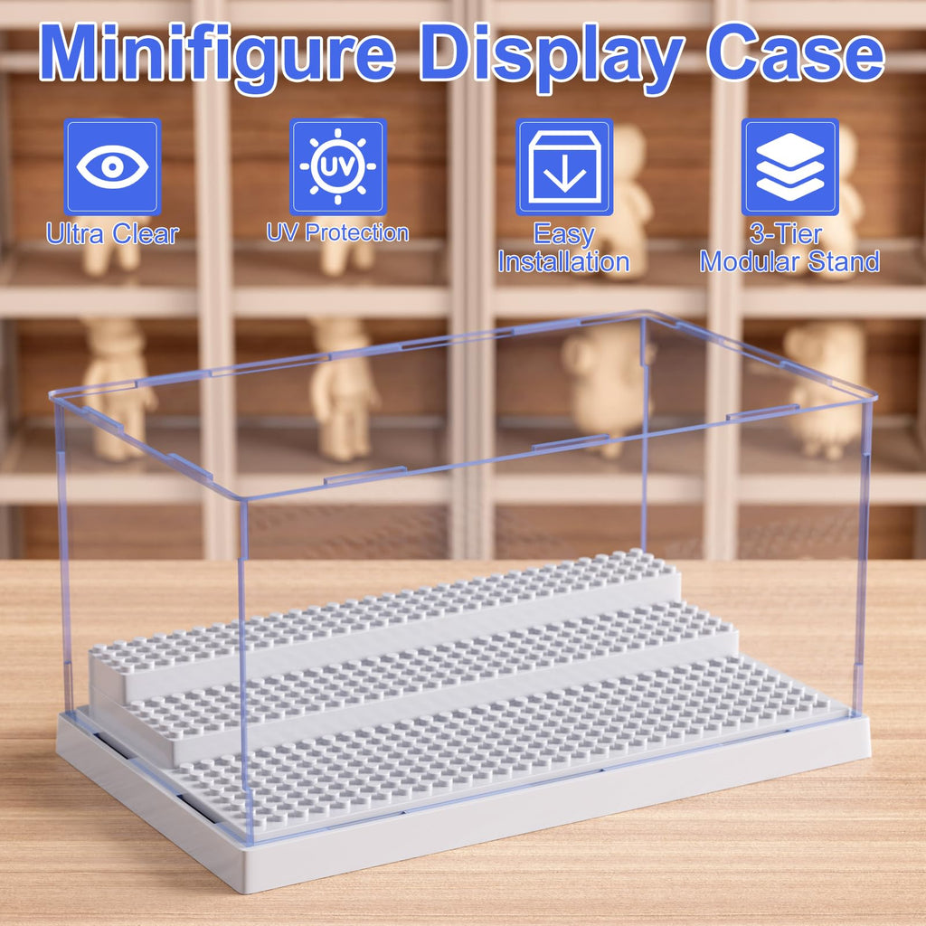 Mlikero Grey Acrylic Display Case for Minifigures - Holds 35, Removable Steps