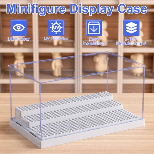 Mlikero Grey Acrylic Display Case for Minifigures - Holds 35, Removable Steps