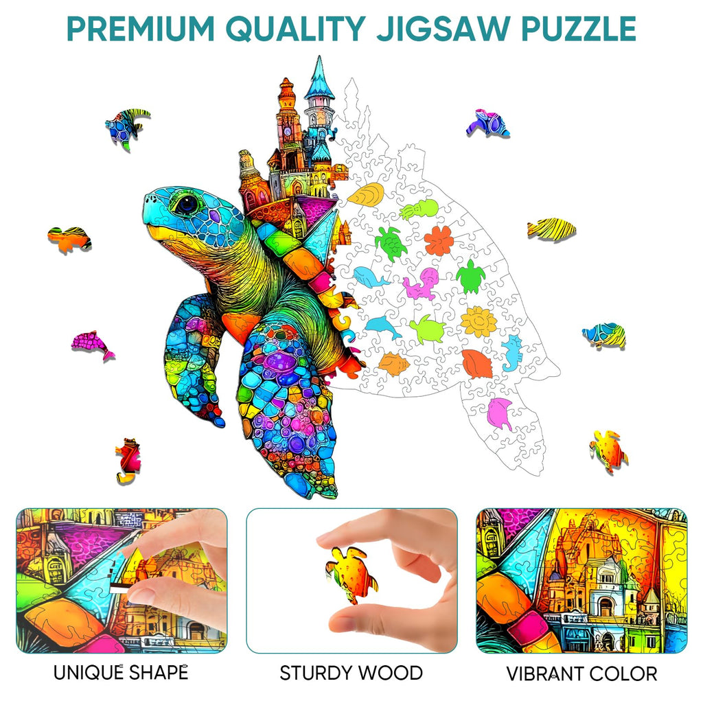 Mocfesk Wooden Puzzle: Sea Turtle Castle – Small Jigsaw for Adults, Seniors, Kids