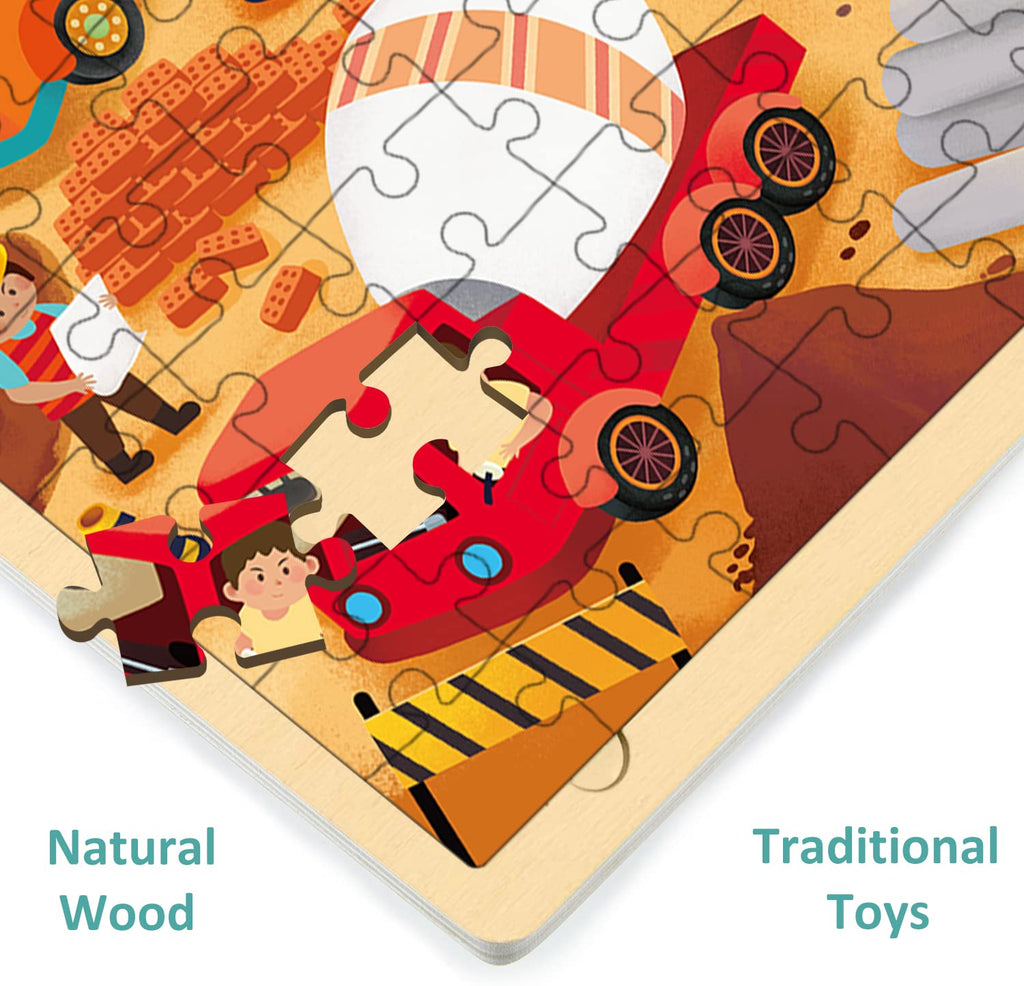 MoinKidz 100 Piece Wooden Jigsaw Puzzle for Kids Ages 4-8 – Construction Site with Unique Shaped Pieces and Sturdy Tray