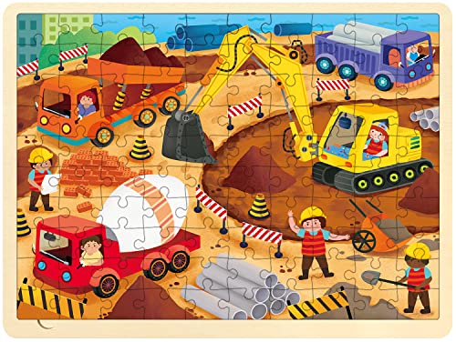 MoinKidz 100 Piece Wooden Jigsaw Puzzle for Kids Ages 4-8 – Construction Site with Unique Shaped Pieces and Sturdy Tray