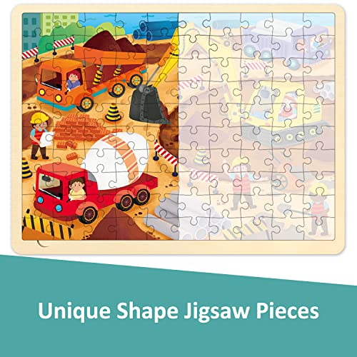 MoinKidz 100 Piece Wooden Jigsaw Puzzle for Kids Ages 4-8 – Construction Site with Unique Shaped Pieces and Sturdy Tray