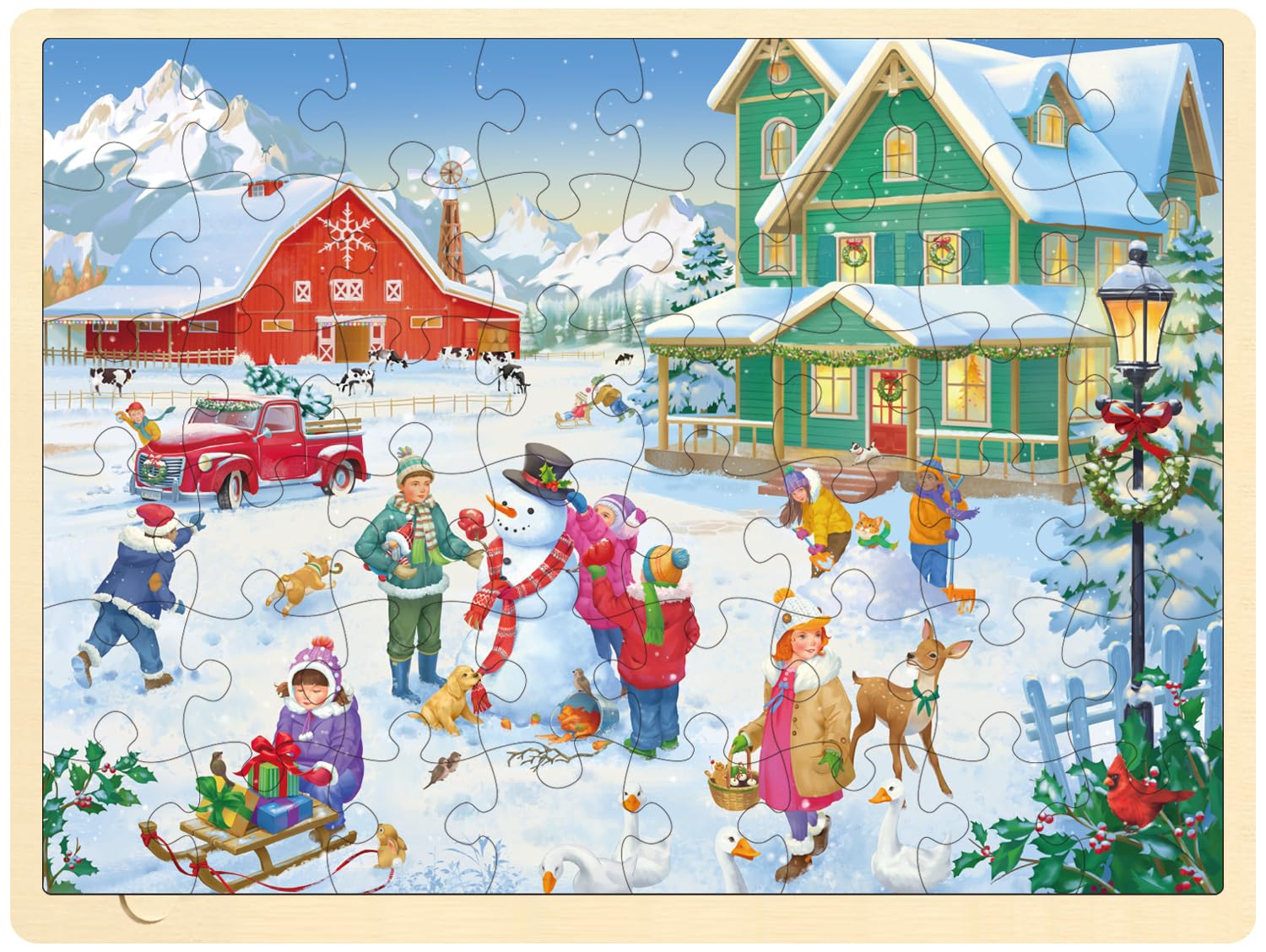 MoinKidz 48-Piece Christmas Wooden Jigsaw Puzzle for Kids Ages 3-8 – Snowy Farm Scene with Storage Tray