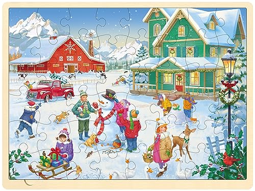 MoinKidz 48-Piece Christmas Wooden Jigsaw Puzzle for Kids Ages 3-8 – Snowy Farm Scene with Storage Tray