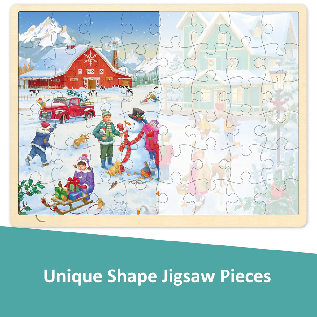 MoinKidz 48-Piece Christmas Wooden Jigsaw Puzzle for Kids Ages 3-8 – Snowy Farm Scene with Storage Tray