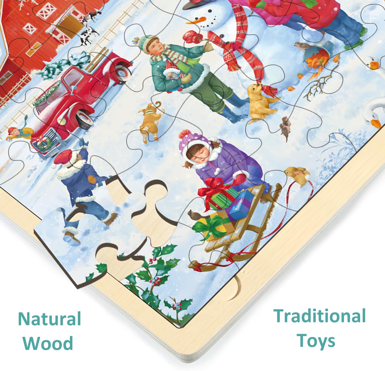 MoinKidz 48-Piece Christmas Wooden Jigsaw Puzzle for Kids Ages 3-8 – Snowy Farm Scene with Storage Tray