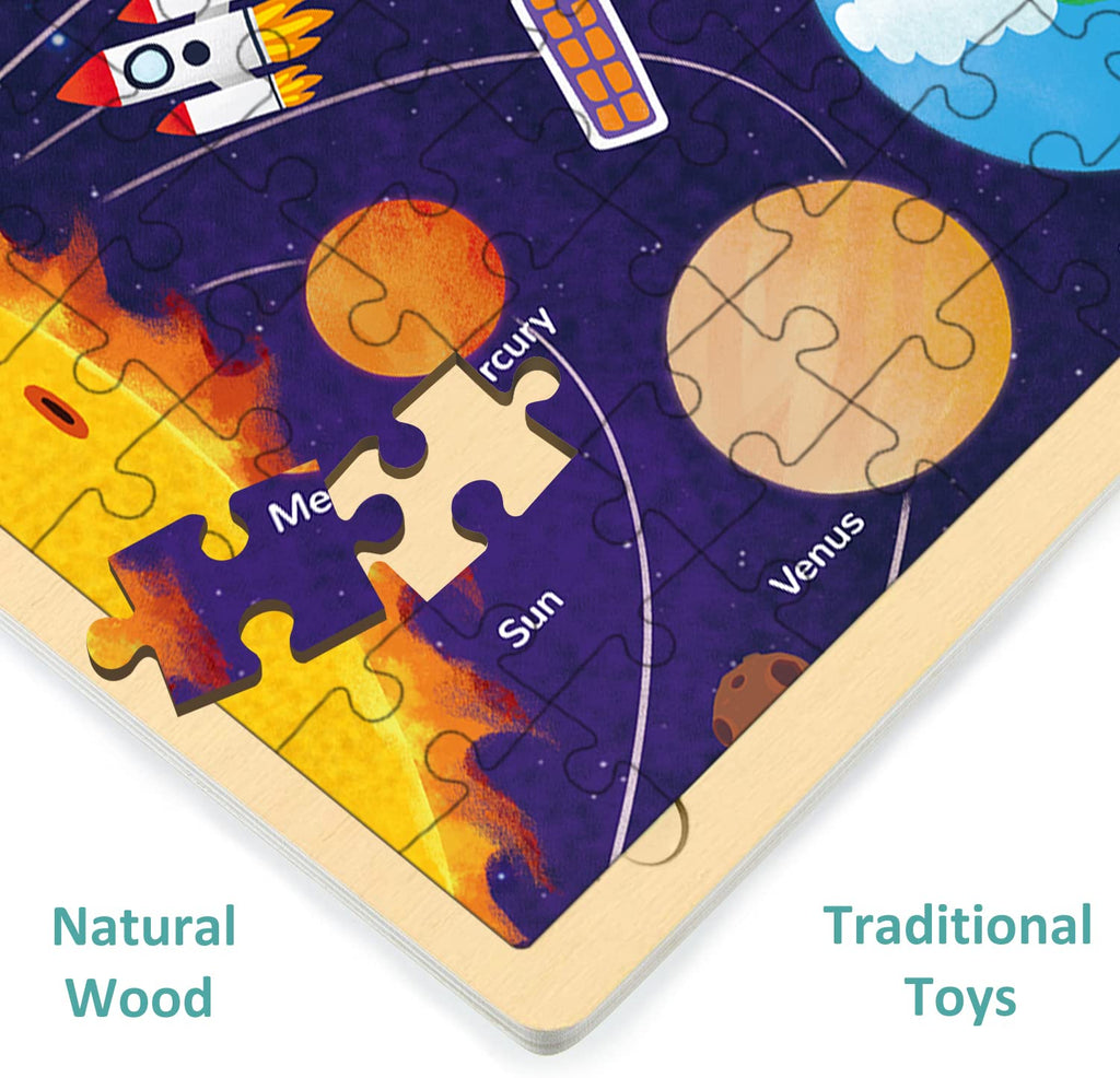 MoinKidz Solar System Wooden Puzzle for Kids 3-10 – 100 Unique Pieces with Storage Tray