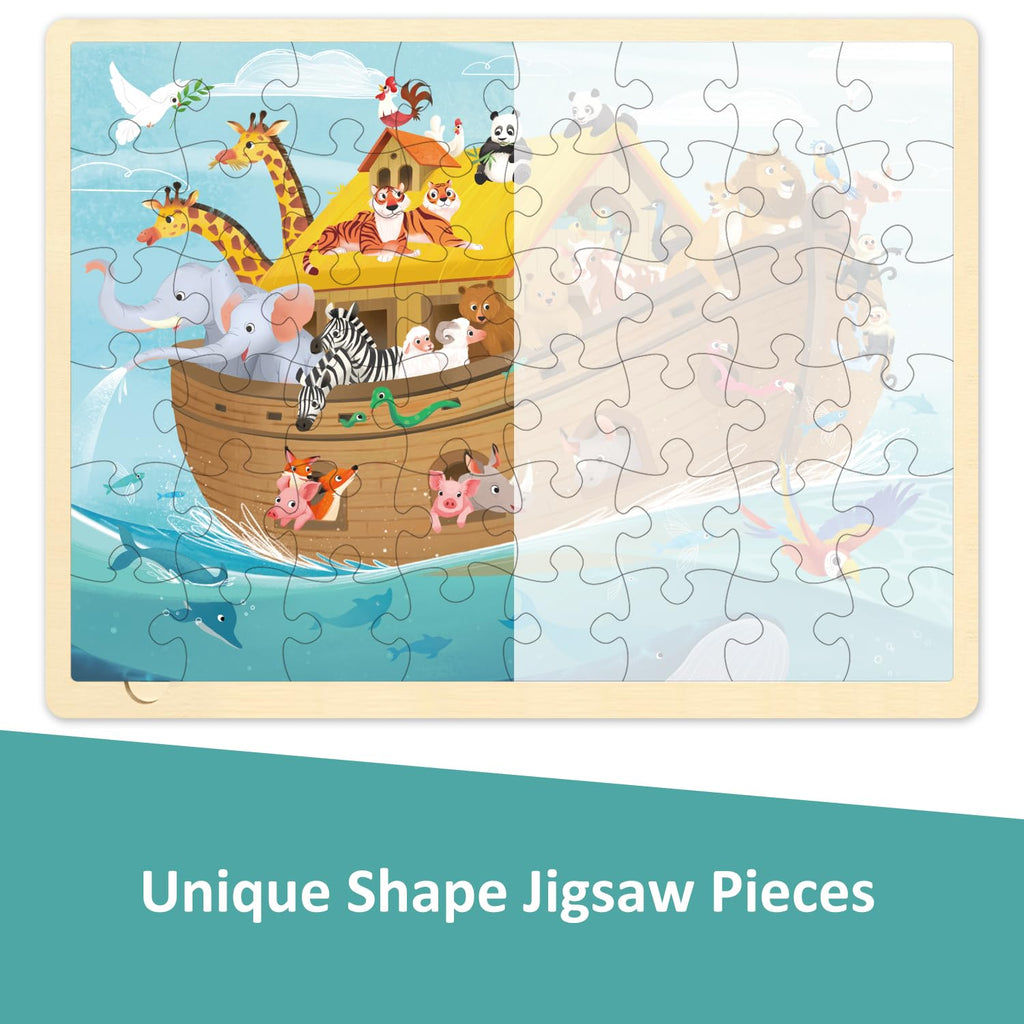 MoinKidz Wooden Noah's Ark Puzzle – 48 Piece Jigsaw with Tray, Christian Bible Scene for Ages 3-8