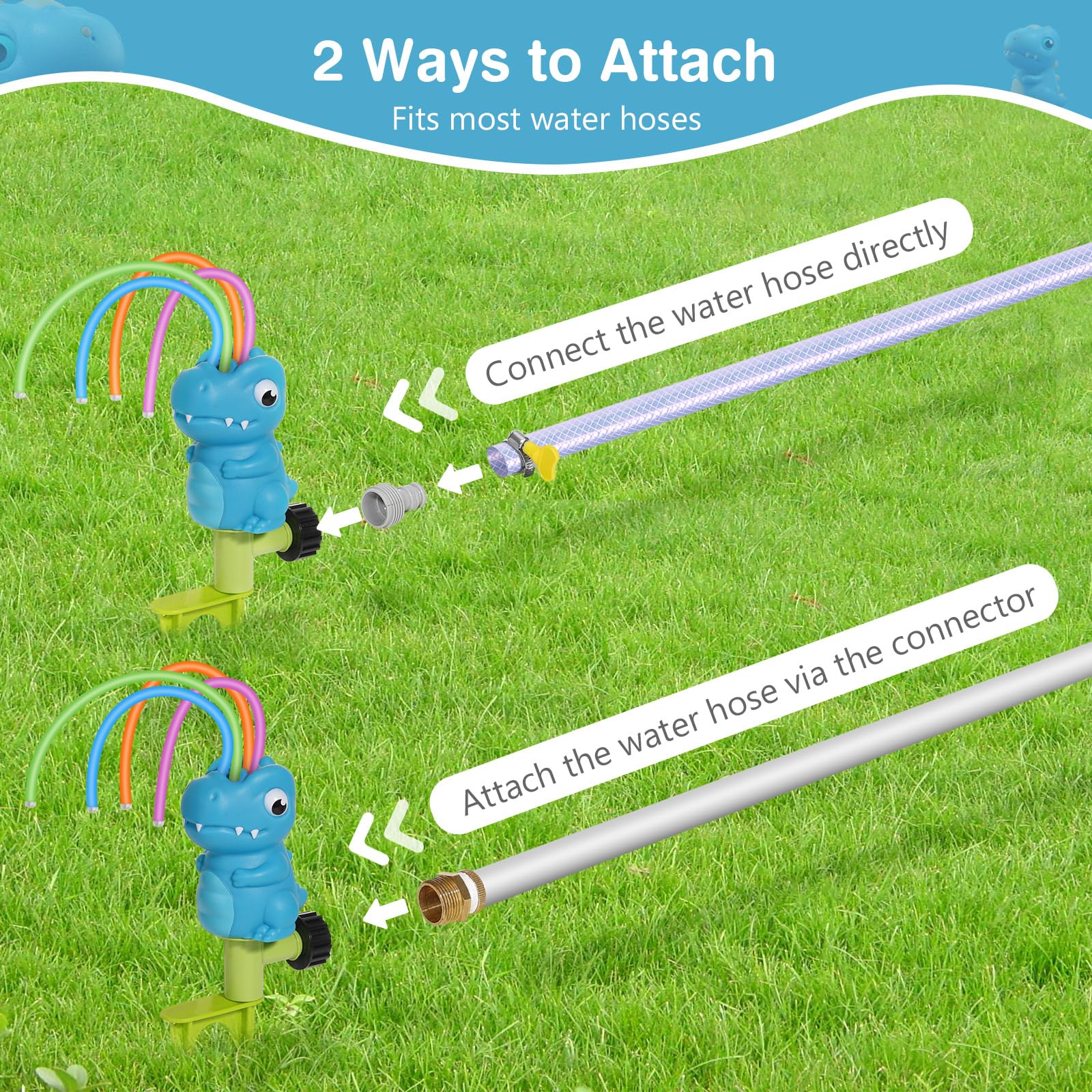 MoKo Dinosaur Water Sprinkler for Kids – Outdoor Play Toy with 4 Wiggle Tubes, Sprays Up to 8ft, Blue