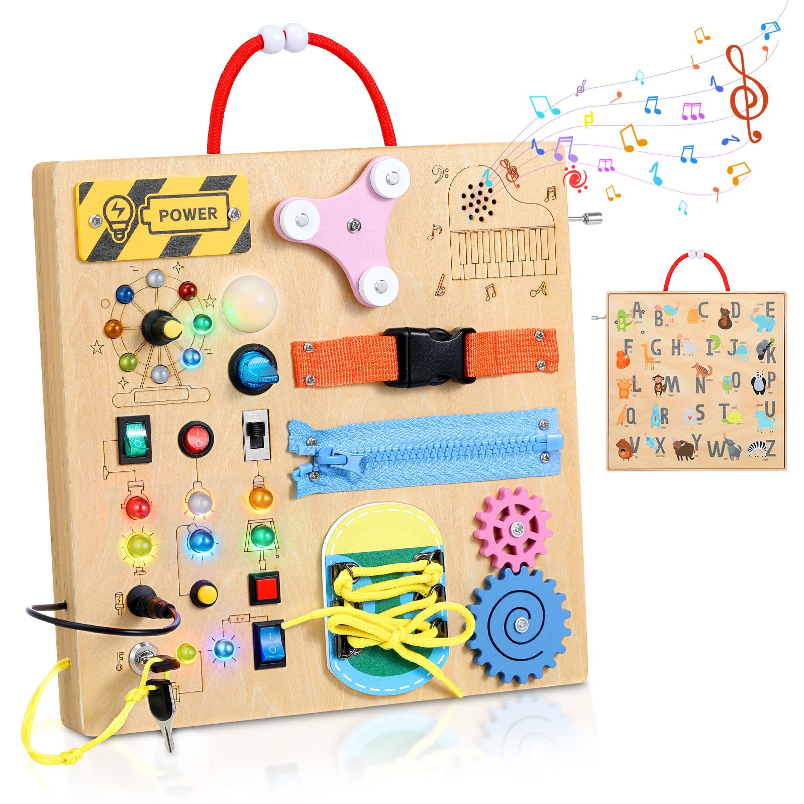 MoKo Montessori Busy Board: Wooden Sensory Toy with LED Lights, Switches, and Music Box for Toddlers Age 3+