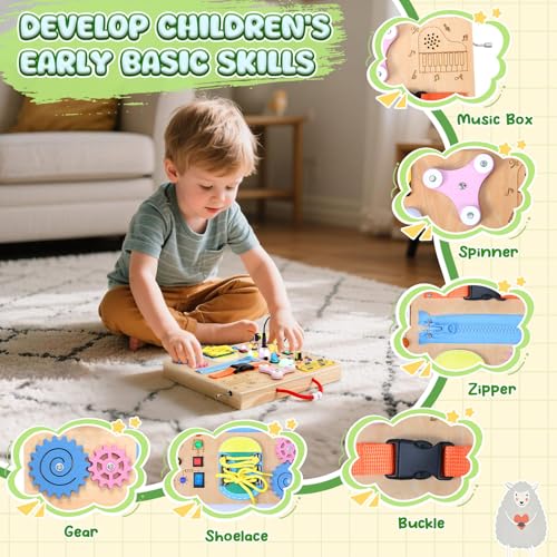 MoKo Montessori Busy Board: Wooden Sensory Toy with LED Lights, Switches, and Music Box for Toddlers Age 3+