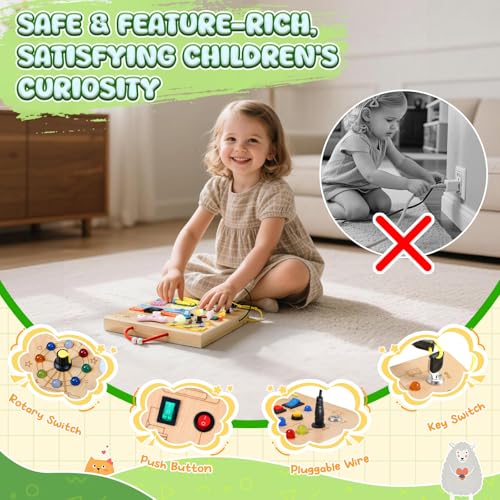 MoKo Montessori Busy Board: Wooden Sensory Toy with LED Lights, Switches, and Music Box for Toddlers Age 3+