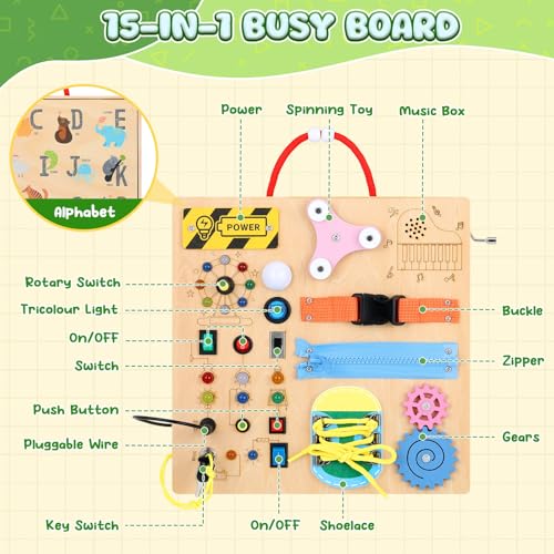 MoKo Montessori Busy Board: Wooden Sensory Toy with LED Lights, Switches, and Music Box for Toddlers Age 3+