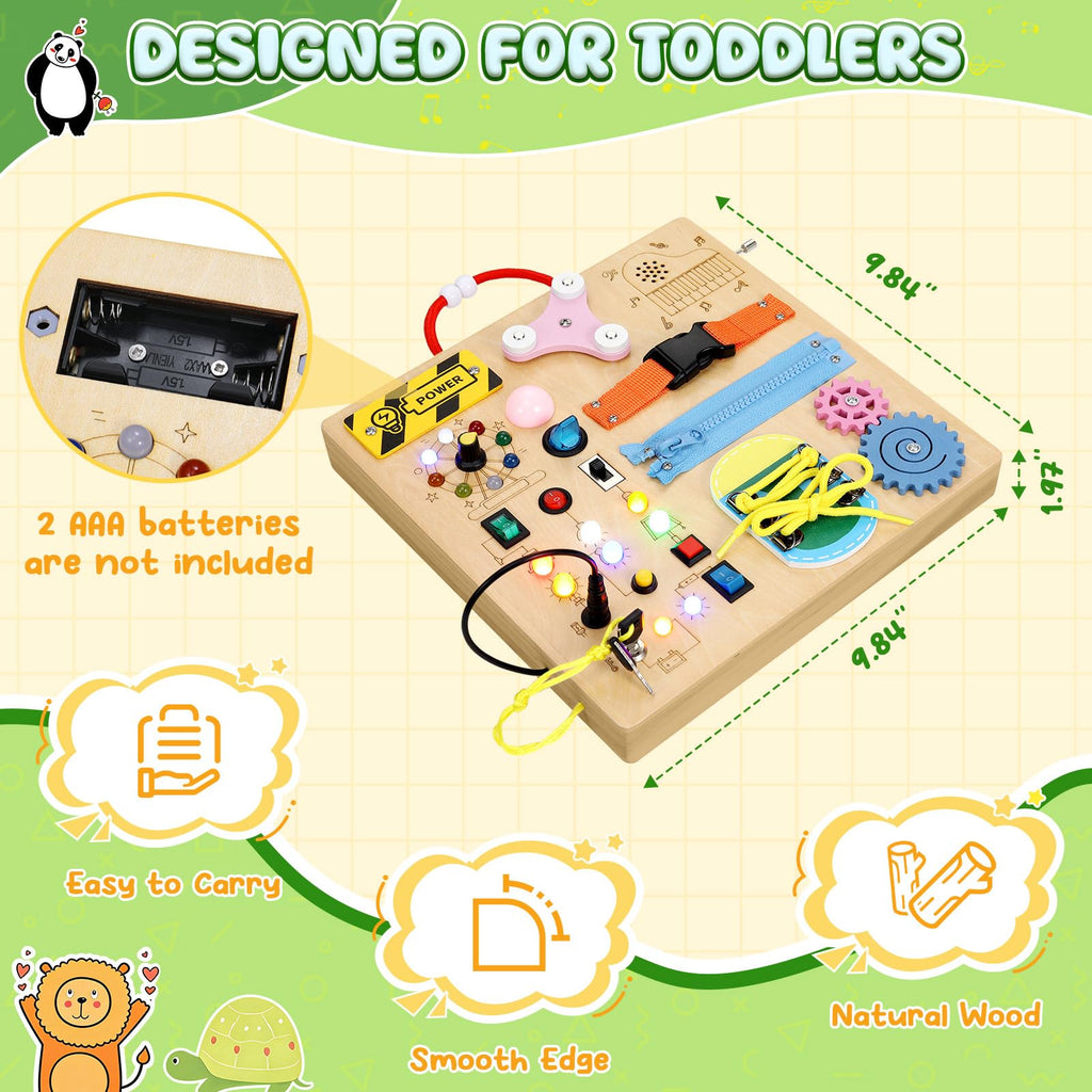 MoKo Montessori Busy Board: Wooden Sensory Toy with LED Lights, Switches, and Music Box for Toddlers Age 3+