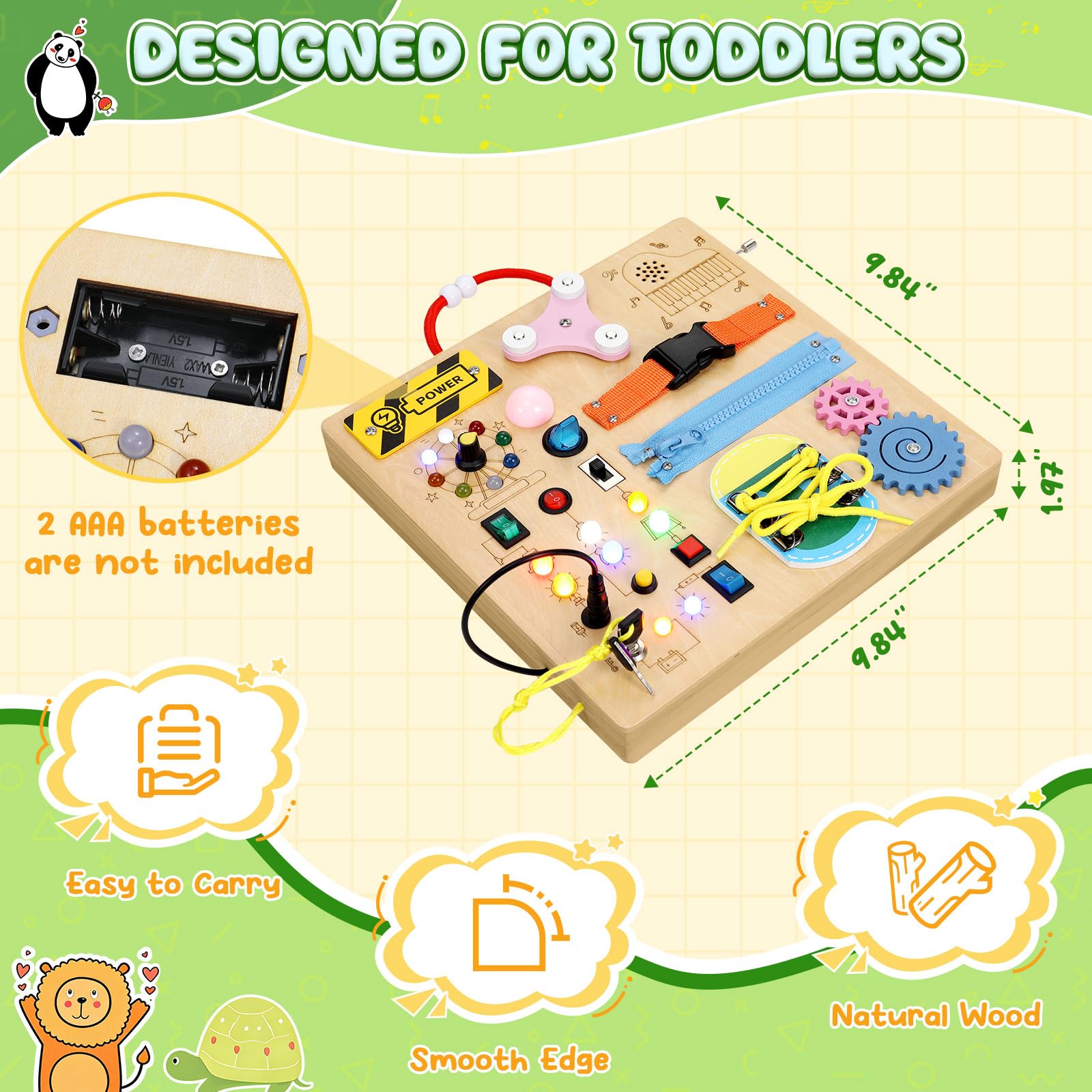 MoKo Montessori Busy Board: Wooden Sensory Toy with LED Lights, Switches, and Music Box for Toddlers Age 3+