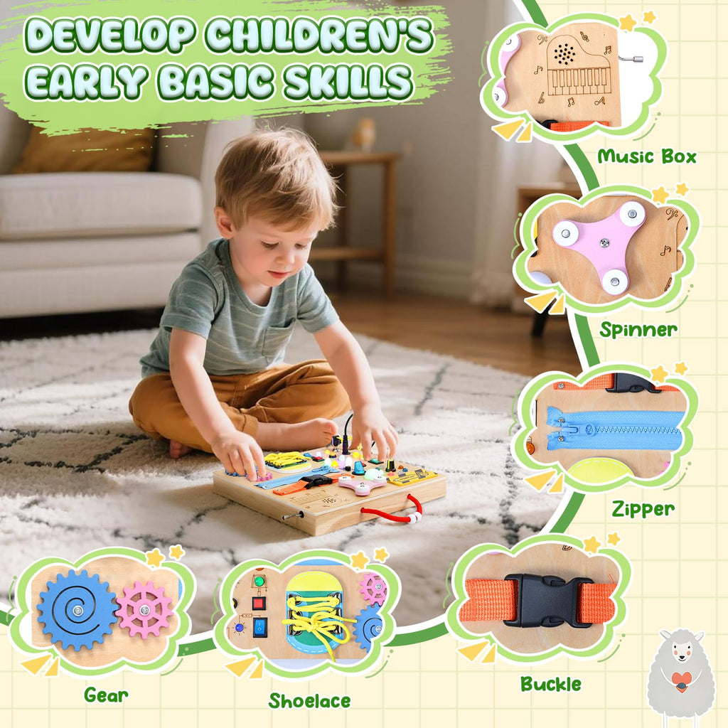 MoKo Montessori Busy Board: Wooden Sensory Toy with LED Lights, Switches, and Music Box for Toddlers Age 3+