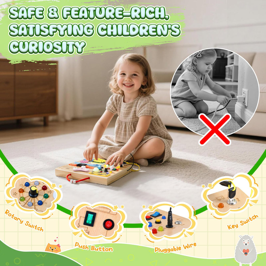 MoKo Montessori Busy Board: Wooden Sensory Toy with LED Lights, Switches, and Music Box for Toddlers Age 3+