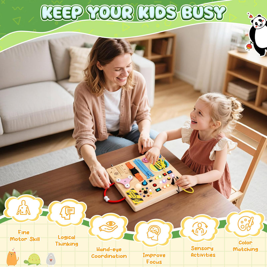 MoKo Montessori Busy Board: Wooden Sensory Toy with LED Lights, Switches, and Music Box for Toddlers Age 3+