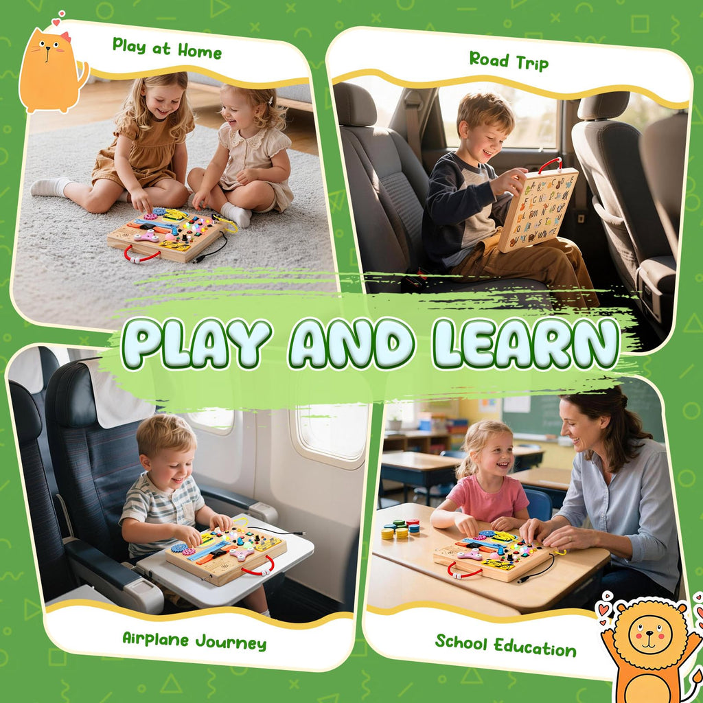 MoKo Montessori Busy Board: Wooden Sensory Toy with LED Lights, Switches, and Music Box for Toddlers Age 3+