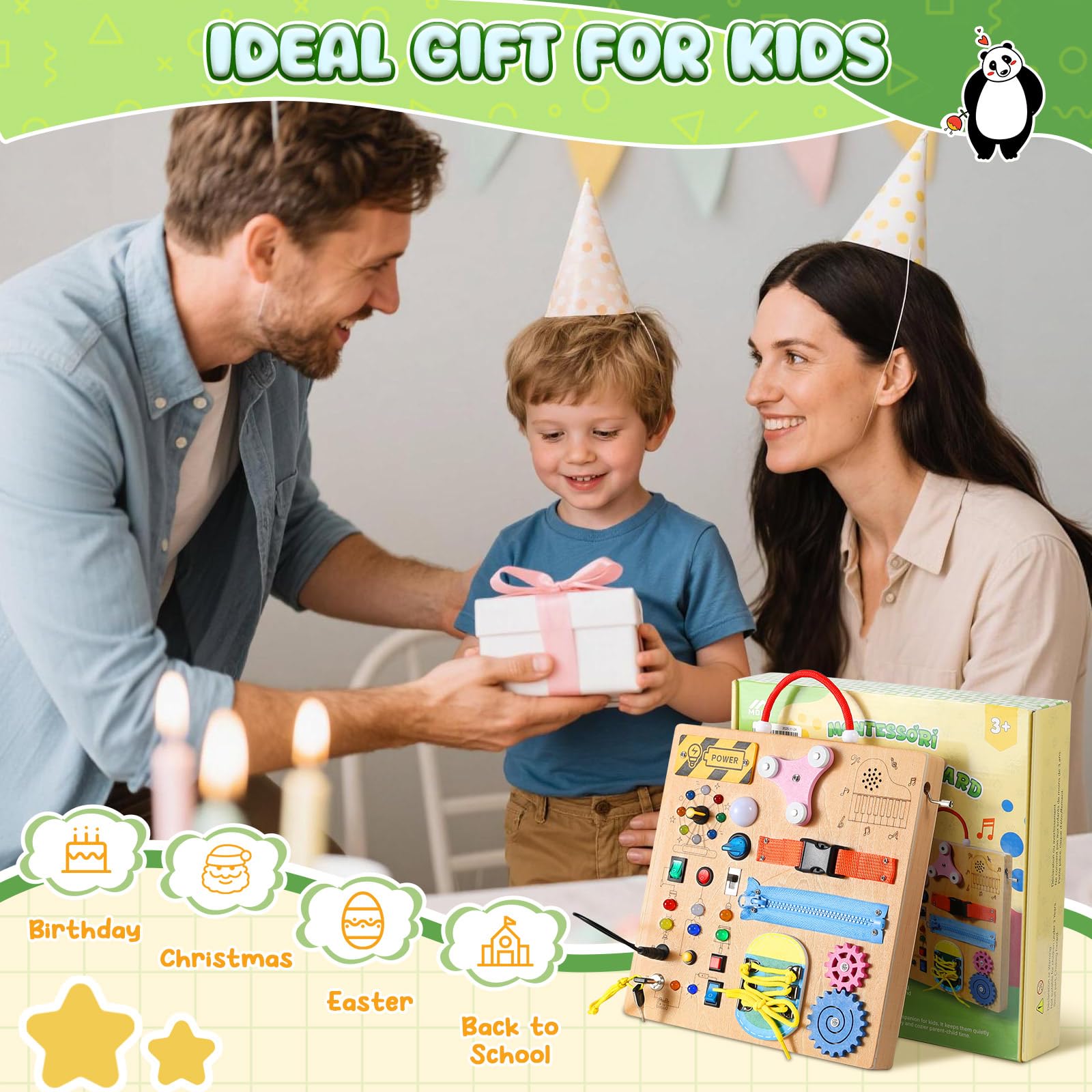 MoKo Montessori Busy Board: Wooden Sensory Toy with LED Lights, Switches, and Music Box for Toddlers Age 3+
