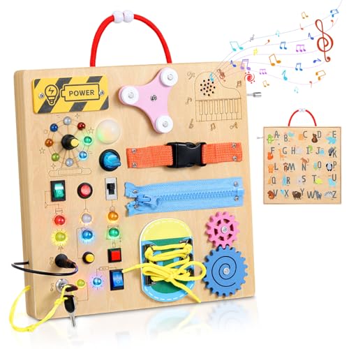 MoKo Montessori Busy Board: Wooden Sensory Toy with LED Lights, Switches, and Music Box for Toddlers Age 3+
