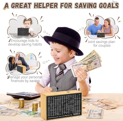MoliDow $10,000 Savings Challenge Box – Wooden Piggy Bank with Goal Stickers, Pens & Tweezers (No Assembly Needed)