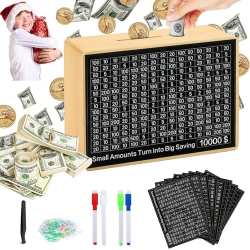 MoliDow $10,000 Savings Challenge Box – Wooden Piggy Bank with Goal Stickers, Pens & Tweezers (No Assembly Needed)