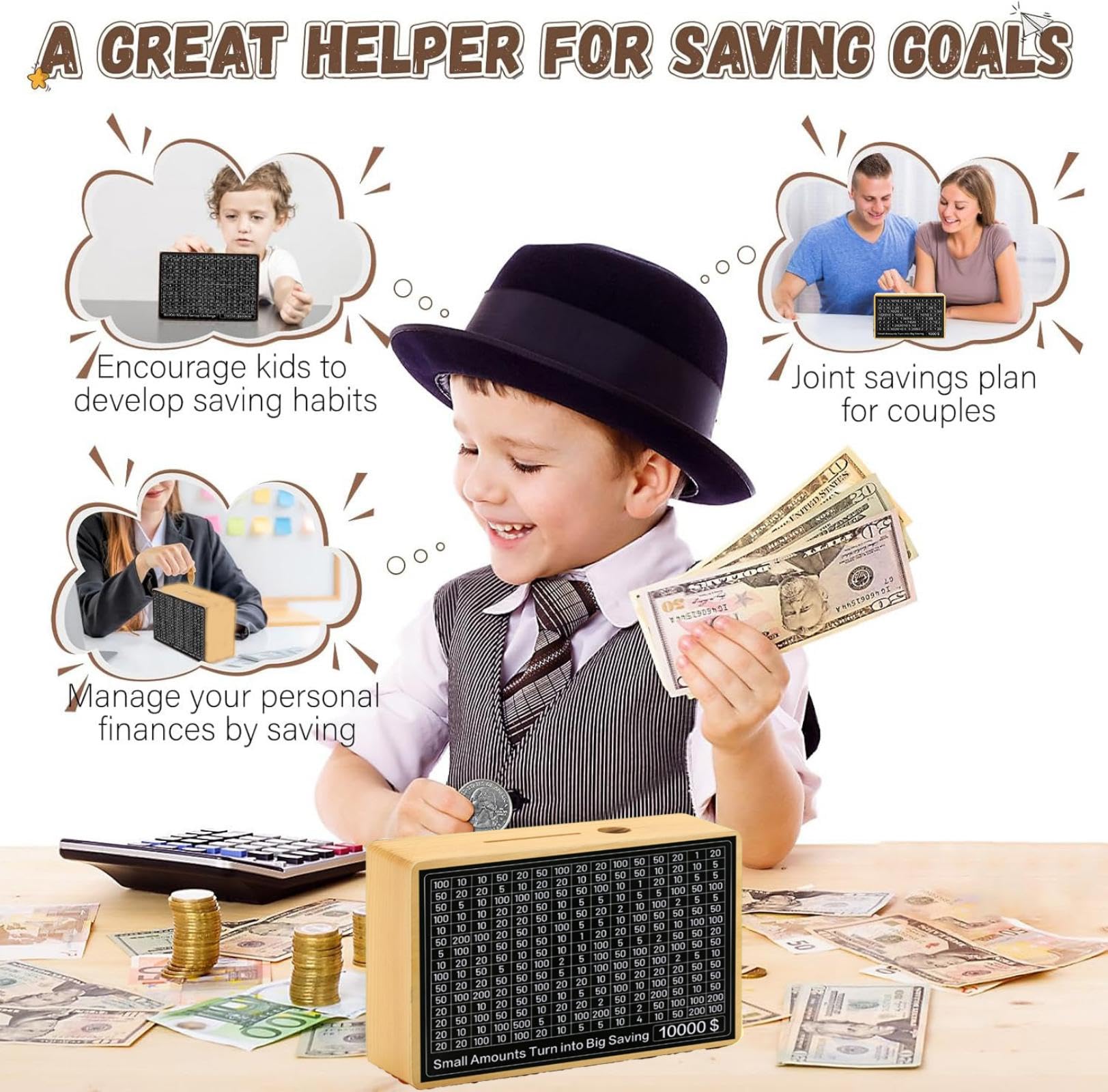 MoliDow $10,000 Savings Challenge Box – Wooden Piggy Bank with Goal Stickers, Pens & Tweezers (No Assembly Needed)