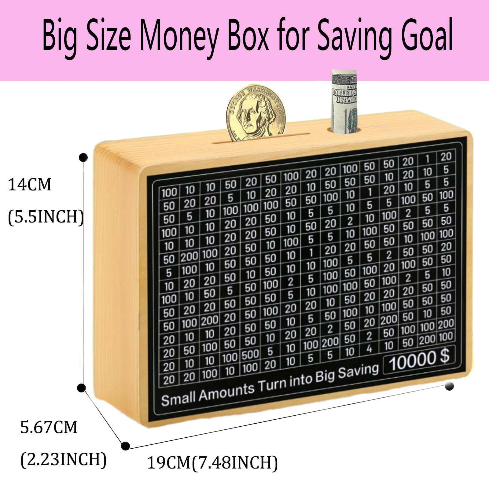MoliDow $10,000 Savings Challenge Box – Wooden Piggy Bank with Goal Stickers, Pens & Tweezers (No Assembly Needed)