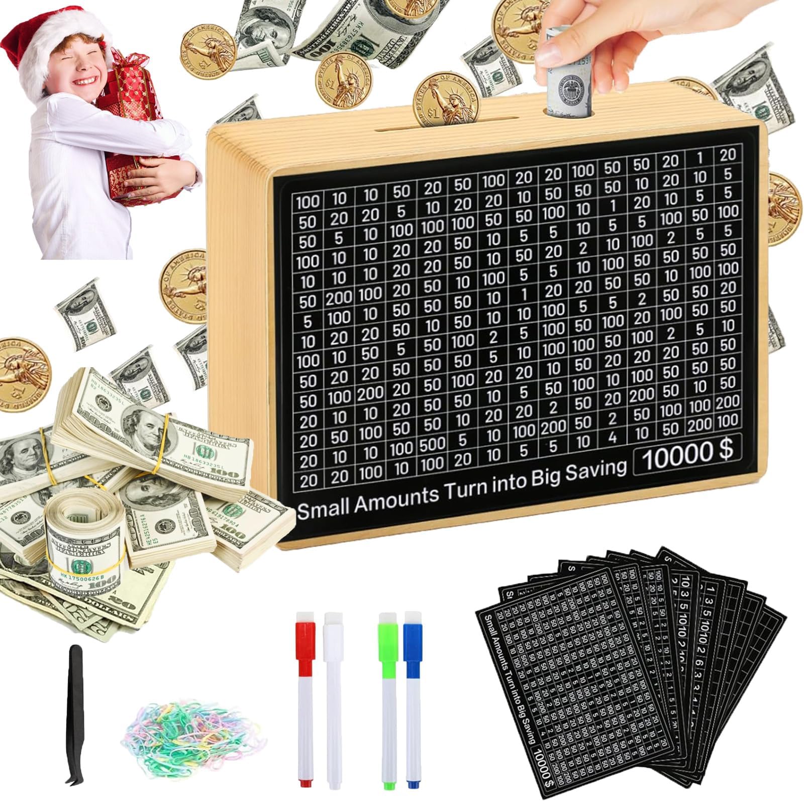MoliDow $10,000 Savings Challenge Box – Wooden Piggy Bank with Goal Stickers, Pens & Tweezers (No Assembly Needed)