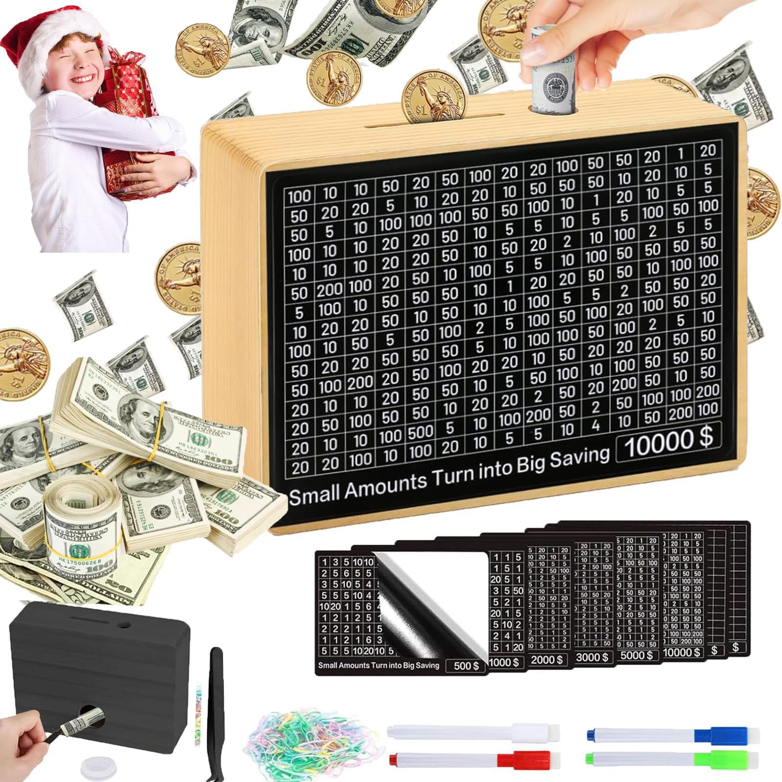MoliDow $10,000 Savings Challenge Box – Wooden Piggy Bank with Goal Stickers, Pens & Tweezers (No Assembly Needed)