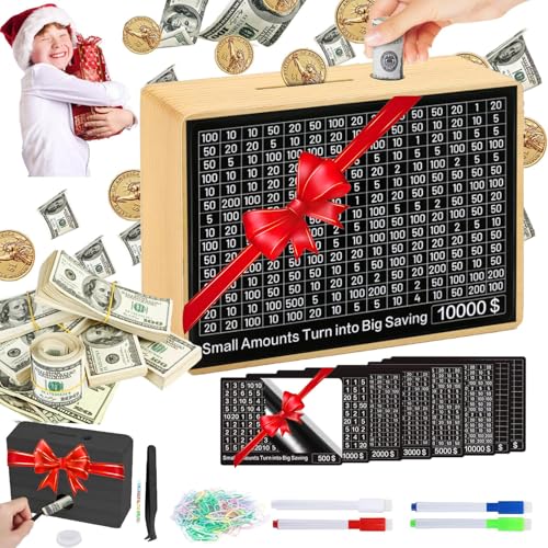 MoliDow $10,000 Savings Challenge Box – Wooden Piggy Bank with Goal Stickers, Pens & Tweezers (No Assembly Needed)