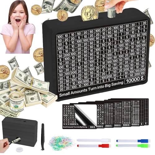 MoliDow Wooden Money Saving Box – No-Install Cash Vault for Savings up to $10,000, Includes Pens and Trackers