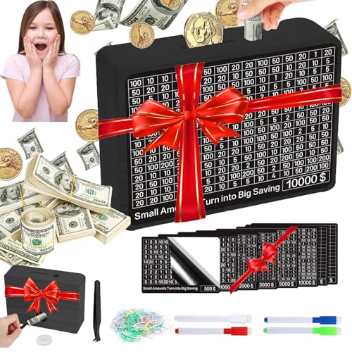 MoliDow Wooden Money Saving Box – No-Install Cash Vault for Savings up to $10,000, Includes Pens and Trackers