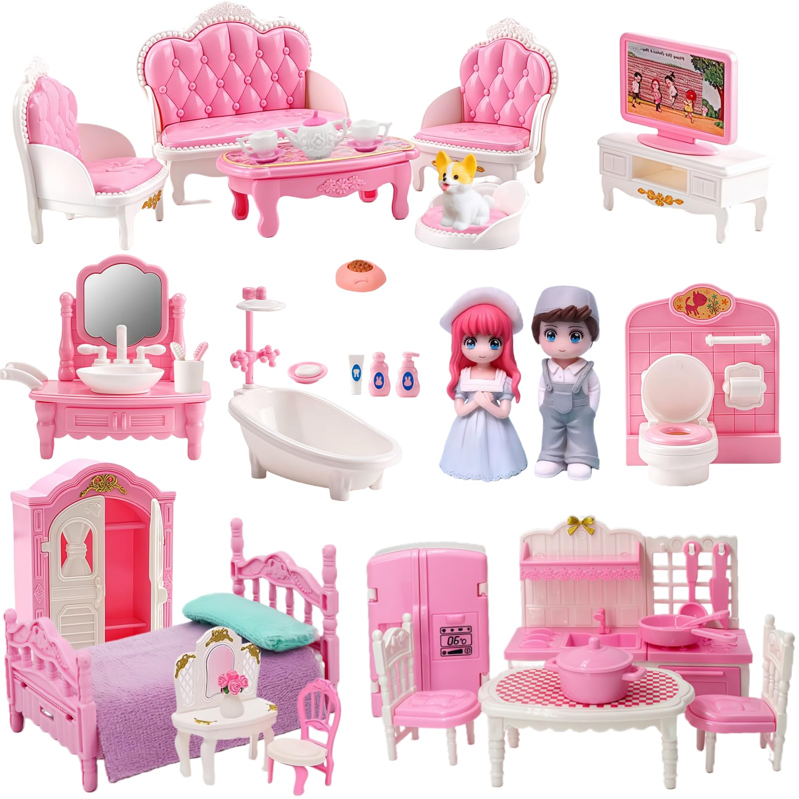 MOLINGXUAN 48-Piece Dollhouse Furniture Set – Pink Victorian-Style Miniature Collection for Living Room, Bedroom, Bathroom & Kitchen