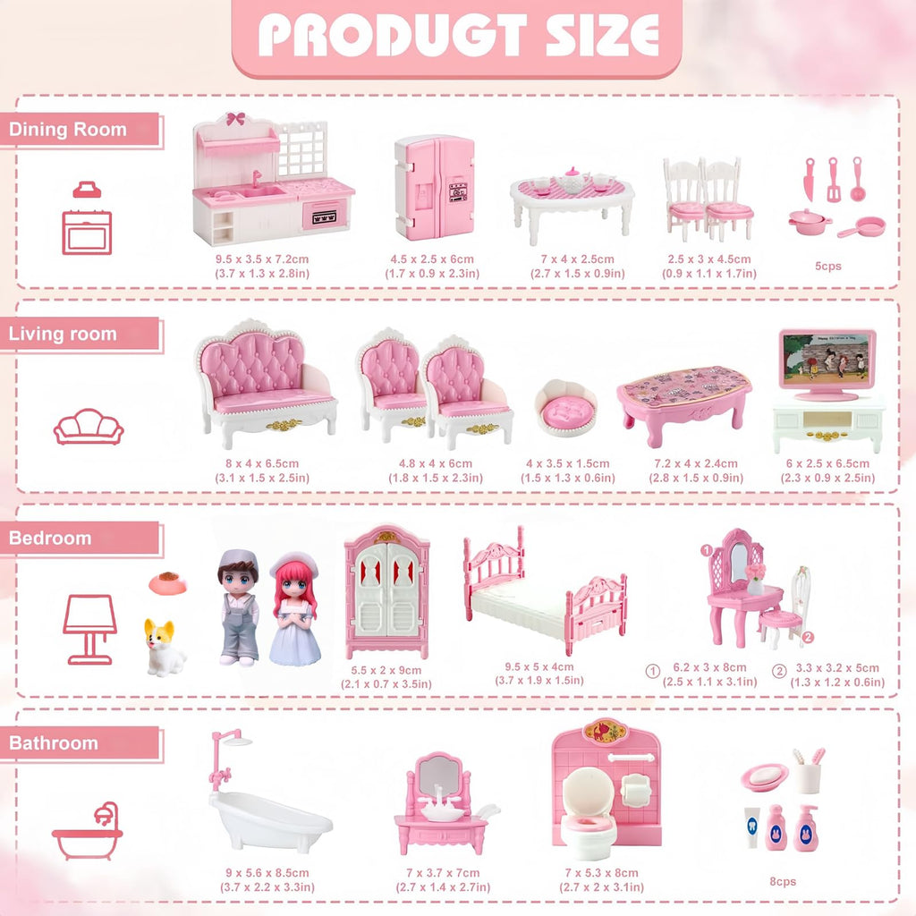 MOLINGXUAN 48-Piece Dollhouse Furniture Set – Pink Victorian-Style Miniature Collection for Living Room, Bedroom, Bathroom & Kitchen