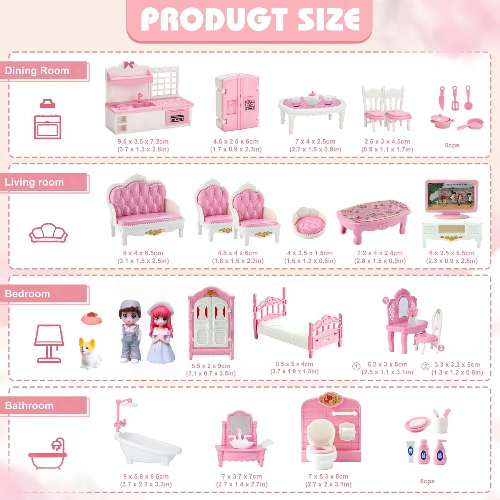 MOLINGXUAN 48-Piece Dollhouse Furniture Set – Pink Victorian-Style Miniature Collection for Living Room, Bedroom, Bathroom & Kitchen