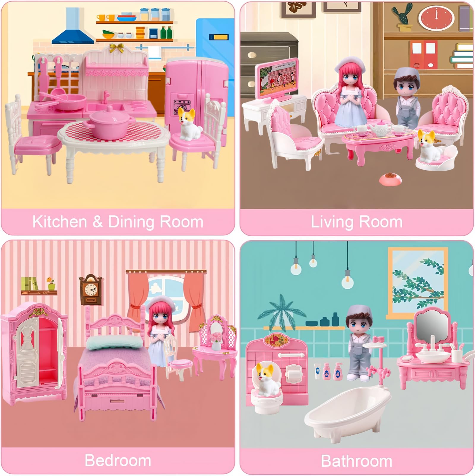 MOLINGXUAN 48-Piece Dollhouse Furniture Set – Pink Victorian-Style Miniature Collection for Living Room, Bedroom, Bathroom & Kitchen