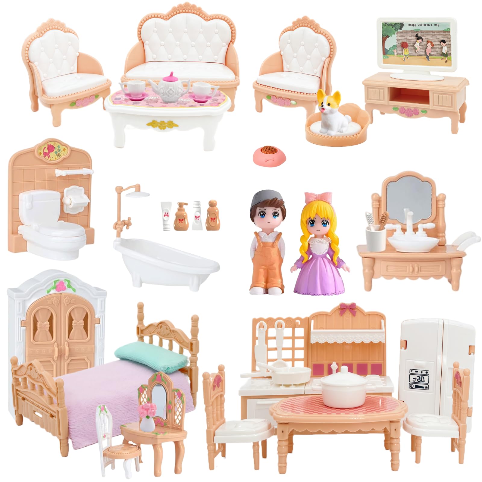 MOLINGXUAN 48-Piece Luxury Dollhouse Furniture Set - Beige Victorian Miniature Accessories for Living, Bedroom, Bathroom, Kitchen