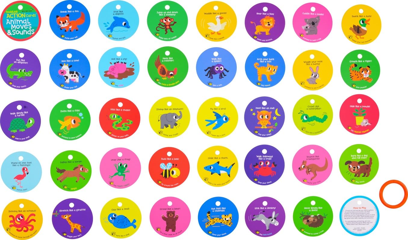 MOLLYBEE KIDS Toddler Action Cards – Animal Moves & Sounds for Ages 2-3, 20 Laminated Cards with Travel Ring