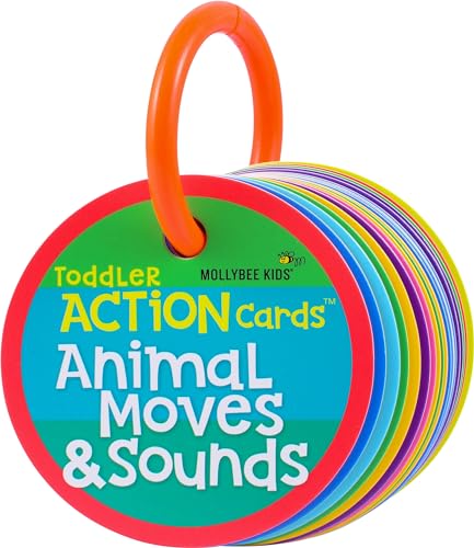 MOLLYBEE KIDS Toddler Action Cards – Animal Moves & Sounds for Ages 2-3, 20 Laminated Cards with Travel Ring