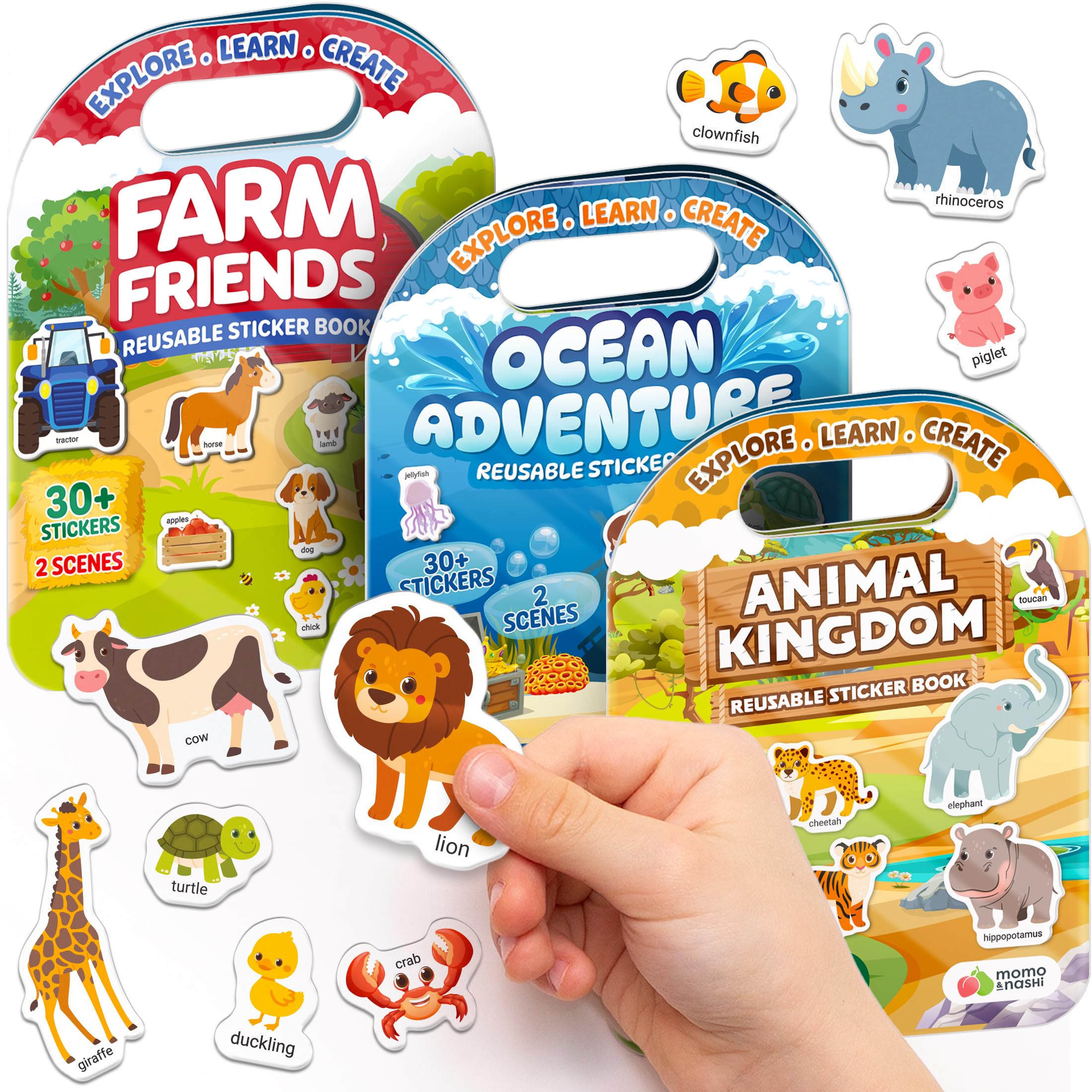 Momo & Nashi Reusable Sticker Books for Toddlers 1-3 (3 Themes, 100+ Stickers) - Portable Travel Activity