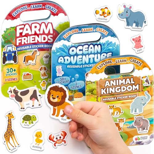 Momo & Nashi Reusable Sticker Books for Toddlers 1-3 (3 Themes, 100+ Stickers) - Portable Travel Activity